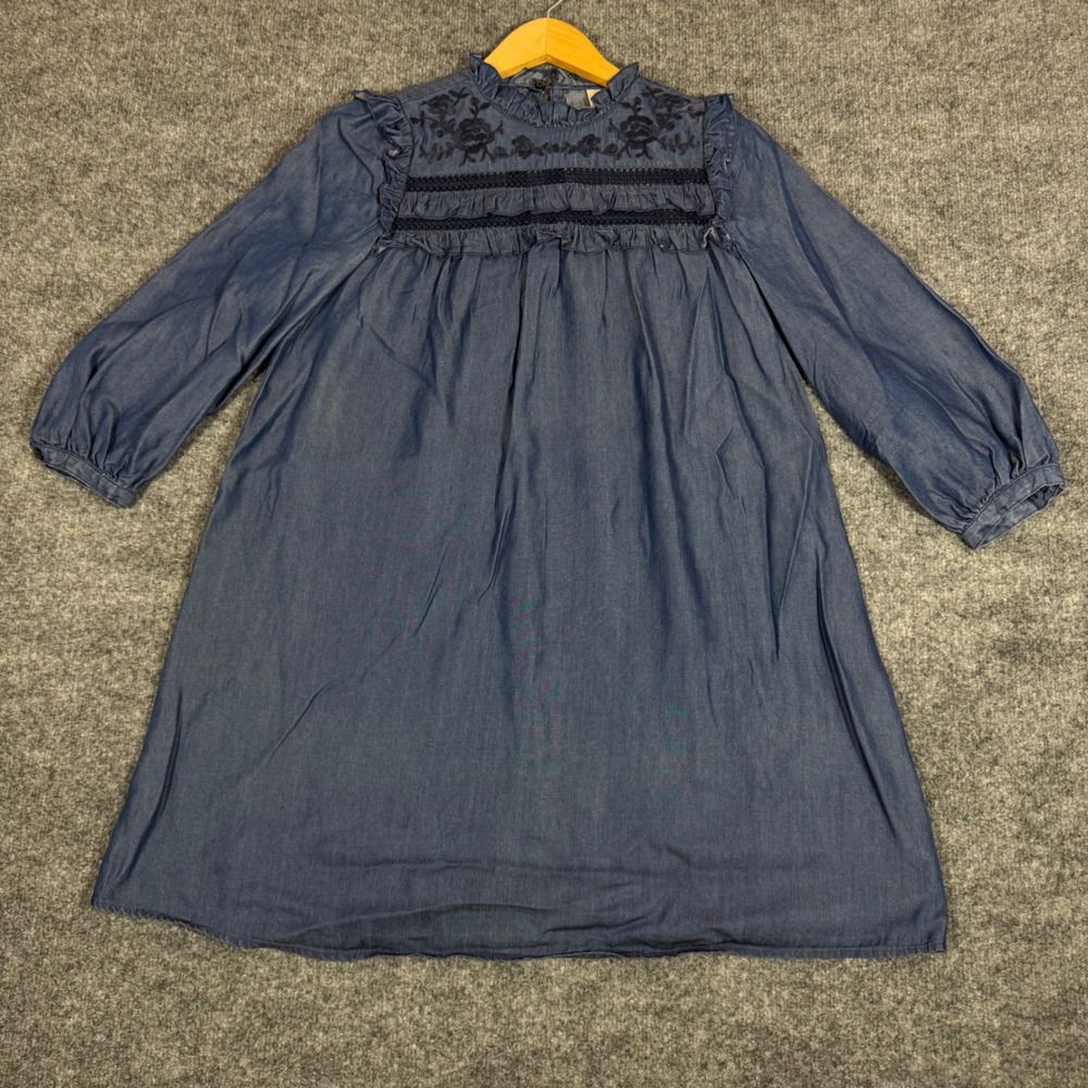 Kate Spade Denim Dress Embroidered Ruffle Trim Women XS Blue Cotton Chambray GUC